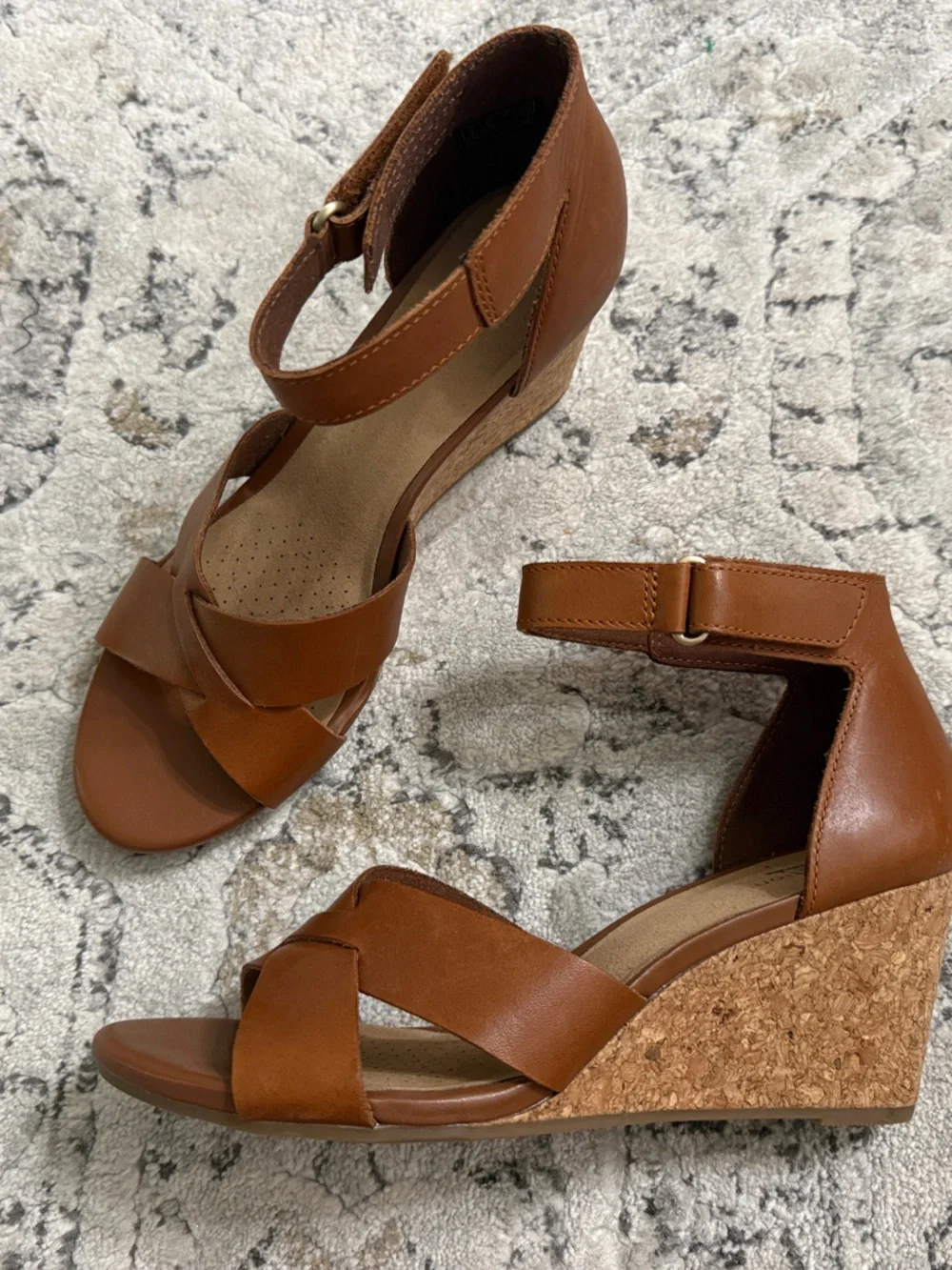 Clarks Tan Leather Crossover Cork Wedge Sandals